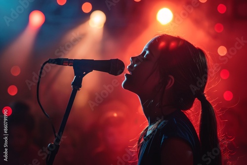 Young singer is performing live on stage, singing into a microphone with red stage lights in the background