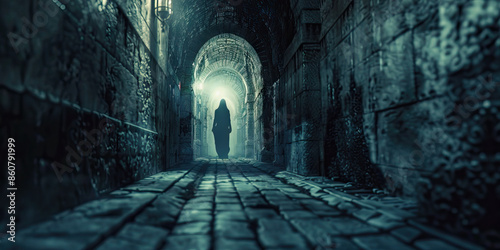 A ghostly figure drifting silently through an ancient, stone-walled corridor, with flickering torches casting eerie shadows