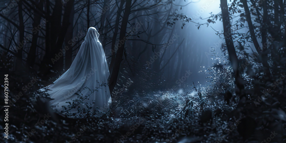 A ghostly figure in a long white gown gliding through a haunted forest, illuminated by the pale moonlight filtering through the trees A ghostly figure in a long white gown gliding through a haunted forest, illuminated by the pale moonlight filtering through the trees