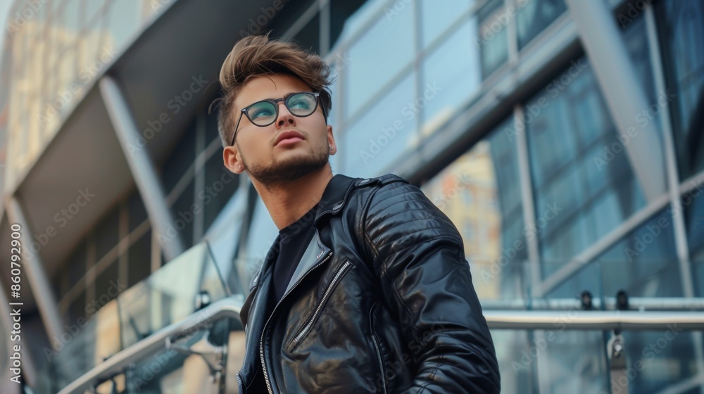 A young man, donning glasses and a sleek leather jacket, stands outside modern architecture, staring intently ahead, capturing a moment of focused contemplation and style. A young man, donning glasses and a sleek leather jacket, stands outside modern architecture, staring intently ahead, capturing a moment of focused contemplation and style.