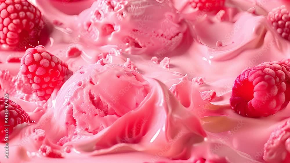 A close-up shot of pink raspberry ice cream with fresh raspberries A close-up shot of pink raspberry ice cream with fresh raspberries