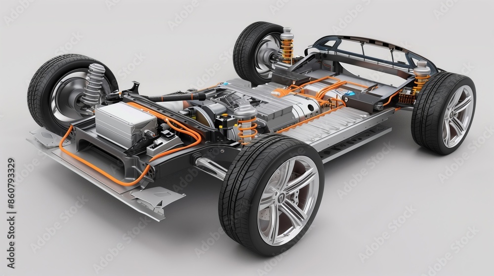Detailed view of an electric car chassis featuring battery pack, motors, suspension, and wheels. Showcases the advanced engineering of EV powertrains and components. AI generated Detailed view of an electric car chassis featuring battery pack, motors, suspension, and wheels. Showcases the advanced engineering of EV powertrains and components. AI generated