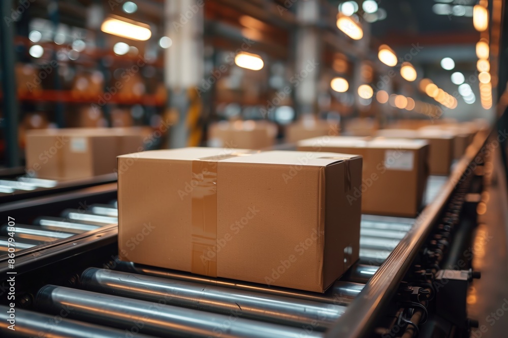 Cardboard Boxes Moving Along a Conveyor Belt in a Warehouse Cardboard Boxes Moving Along a Conveyor Belt in a Warehouse