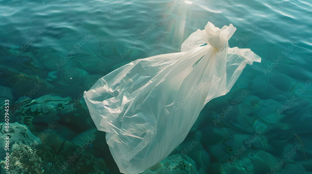 single plastic bag floating in clear ocean water, highlighting the ...