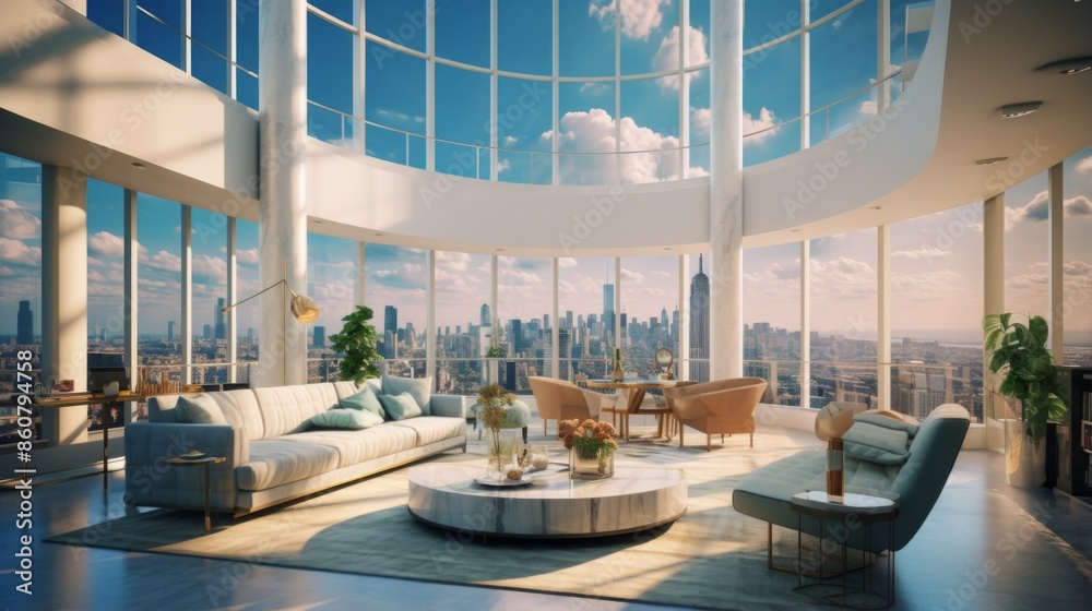Elegantly designed lounge area with luxurious furnishings, sweeping panoramic city views from curved windows, capturing the height of urban sophistication and modern comfort. Elegantly designed lounge area with luxurious furnishings, sweeping panoramic city views from curved windows, capturing the height of urban sophistication and modern comfort.