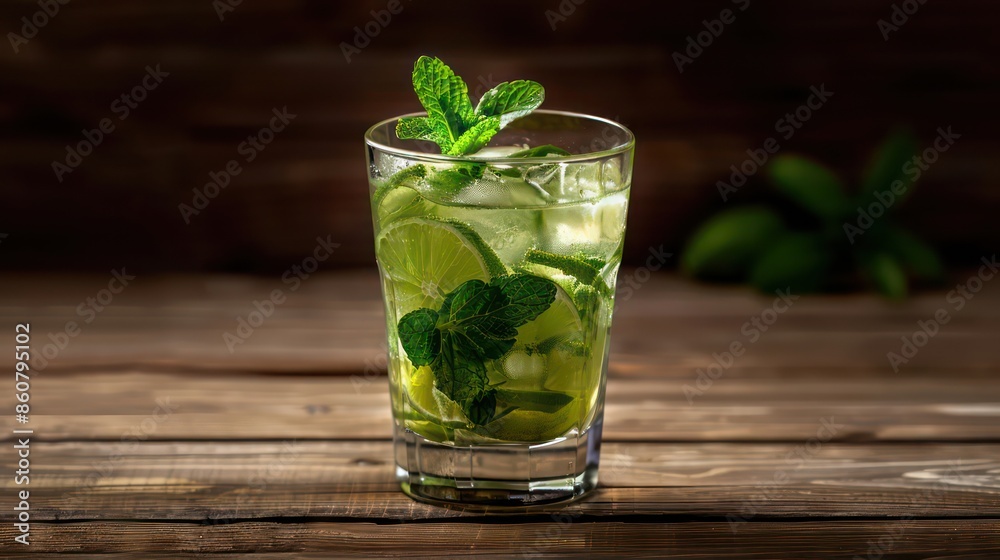 A simple glass of mojito with mint leaves and lime slices A simple glass of mojito with mint leaves and lime slices