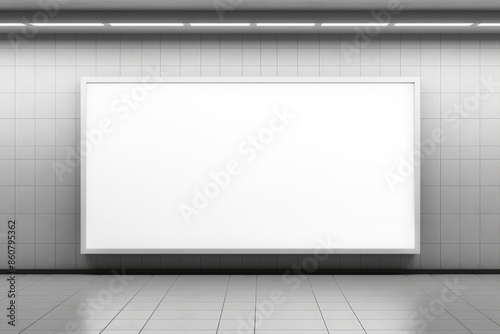 Blank white vertical billboard in modern interior subway station. Ideal for advertising, announcements, or promotional display.