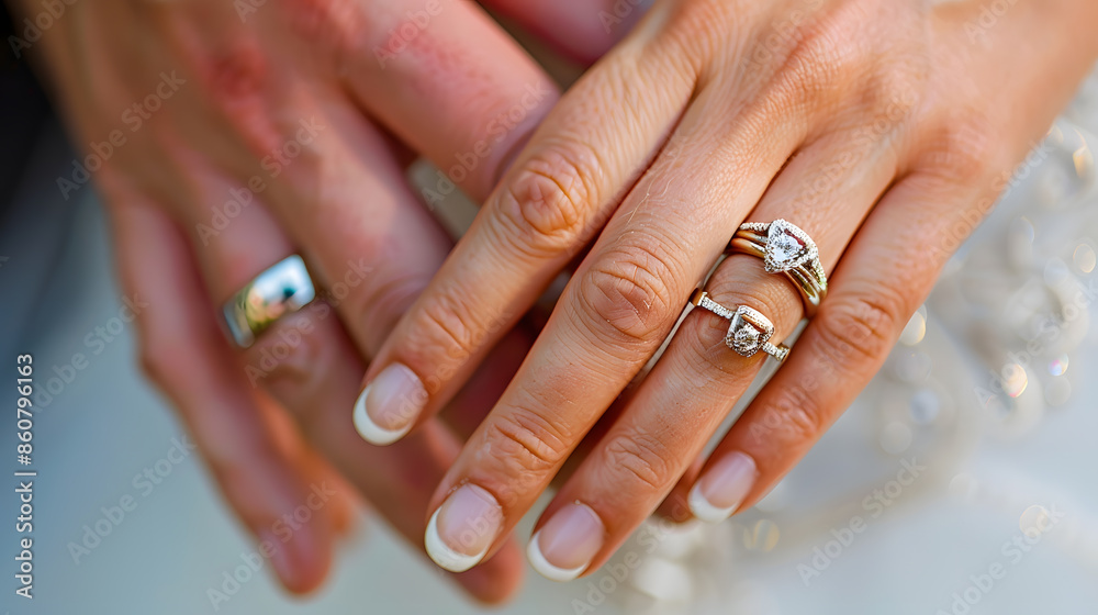 The wedding rings Hands of the bride and groom with wedding rings Soft focus : Generative AI