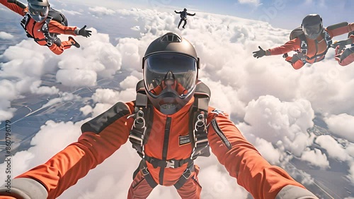 A breathtaking first-person perspective skydiving experience over the clouds