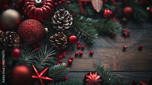 Festive Christmas decorations with red ornaments, shiny baubles, pinecones, and evergreen branches on a rustic wooden surface, creating a warm and inviting holiday atmosphere photo