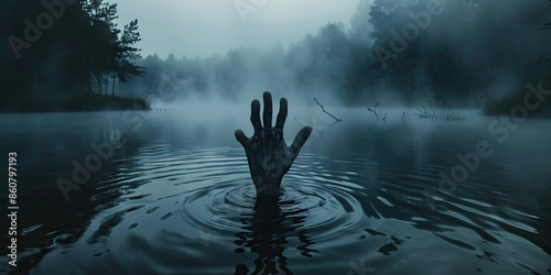 Fototapeta Naklejka Na Ścianę i Meble -  Close-up of a hand reaching out from a foggy, haunted lake, the water swirling and the air filled with an eerie chill