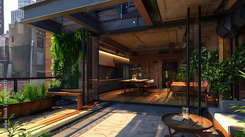 Image showcasing urban loft with a retractable wall that opens to a rooftop garden ...