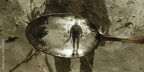 Close-up of a spectral figure reflected in an old, tarnished silver spoon, the surroundings distorted and filled with an eerie light