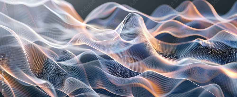 Obraz premium Waves of light fabric with nano structure in future, abstract cyber data background. Concept of digital ai technology, futuristic tech material, nanotechnology
