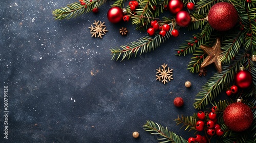 Christmas decorations with red baubles, stars, berries, and pine branches on a dark blue background. Festive holiday arrangement for seasonal celebrations, copy space photo