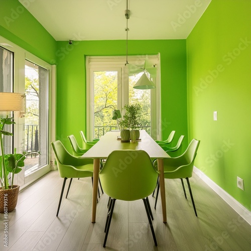 Solid lime green wall in a modern dining area with minimal furnishings, ultraclear photo