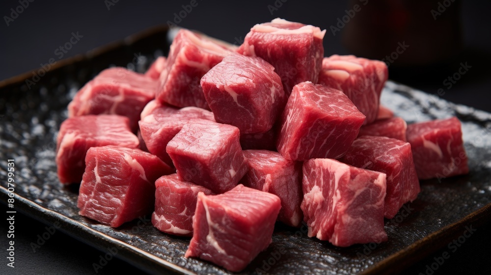 Fresh, raw beef cubes arranged on a black plate, perfect for steak, stew, or barbecue recipes. High-quality meat ready for cooking.