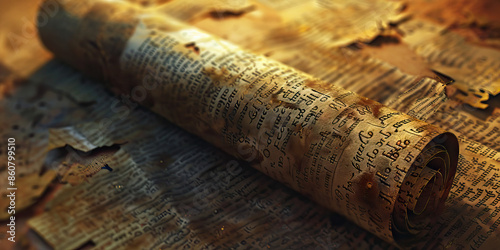 Ancient scroll partially unrolled revealing sacred texts. photo