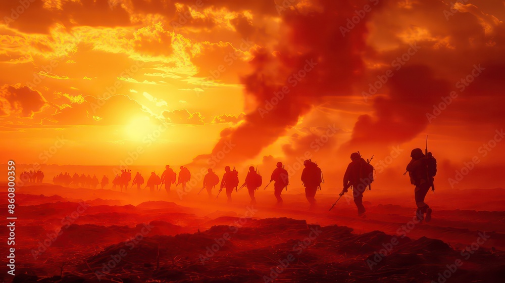 Fototapeta premium Soldiers silhouetted against a fiery sunset
