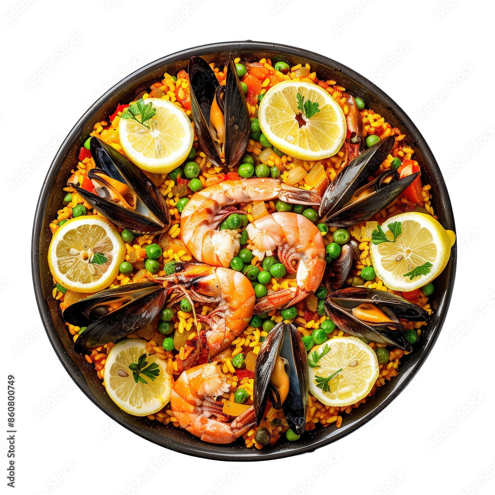 Top view of a delicious seafood paella with shrimp, mussel, lemon, pea, and vegetable in a large pan, perfect for culinary and food-themed projects. Top view of a delicious seafood paella with shrimp, mussel, lemon, pea, and vegetable in a large pan, perfect for culinary and food-themed projects.
