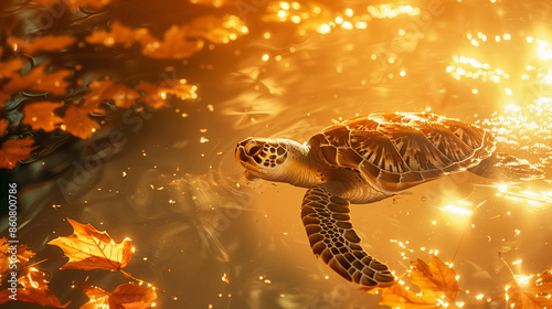 An enchanting underwater photograph of a sea turtle swimming amidst golden leaves, with warm sunlight filtering through the water, creating a magical autumn-like scene.