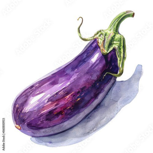 Watercolor illustration of a purple eggplant with a green stem on a white background, showcasing vibrant colors and detailed textures. photo