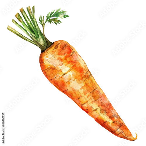 Watercolor illustration of a single carrot with green leaves, detailed and vibrant, perfect for recipes or food blogs.