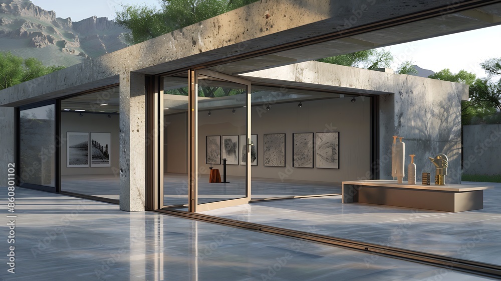 contemporary art studio with a large pivot door that opens to an outdoor installation space, facilitating an indoor-outdoor creative flow