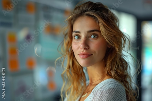 Blonde Woman With Blue Eyes Smiling in a White Shirt