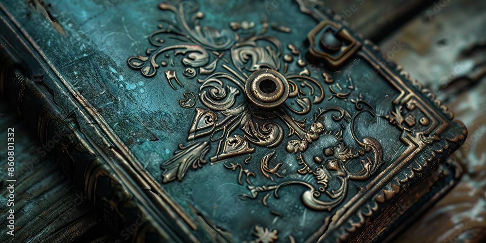 Close-up of an old, locked diary with intricate designs, waiting to reveal its hidden secrets Close-up of an old, locked diary with intricate designs, waiting to reveal its hidden secrets