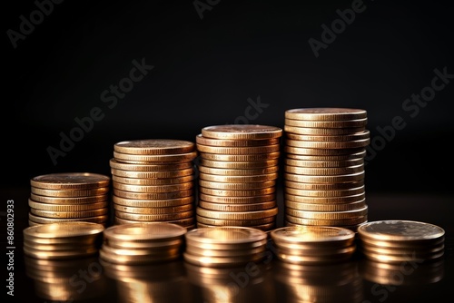 Stacks of various sizes of gold coins on a dark background, symbolizing financial growth or wealth accumulation.