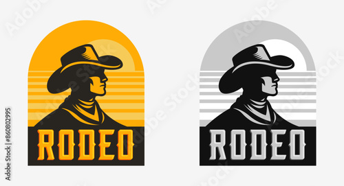 Rodeo cowboy stylized silhouette label, man hat western emblem with sunny background 