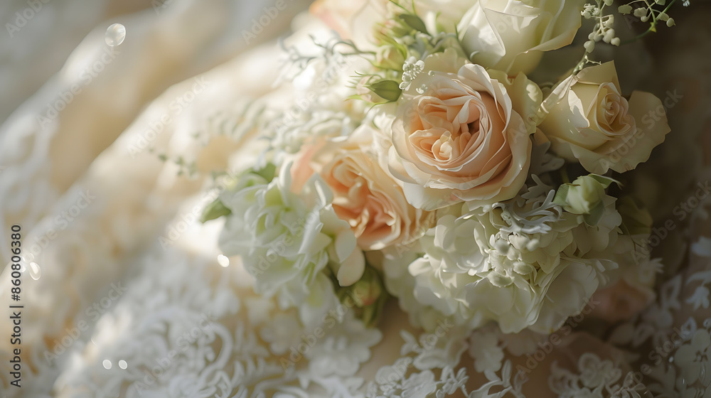 Bridal bouquet in focus with lace gown detail : Generative AI Bridal bouquet in focus with lace gown detail : Generative AI