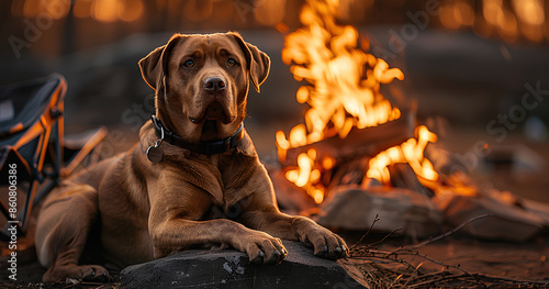 Large Brown Dog Relaxing by Campfire on Spring Evening. pet friendly campgrounds, camping with dogs
 photo
