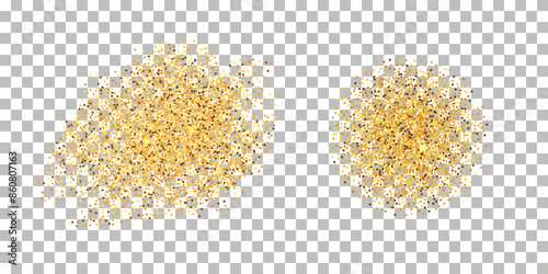 Gold glitter powder splash, golden particles with sparkles glow effect, round shape burst. Isolated on transparent background, vector illustration