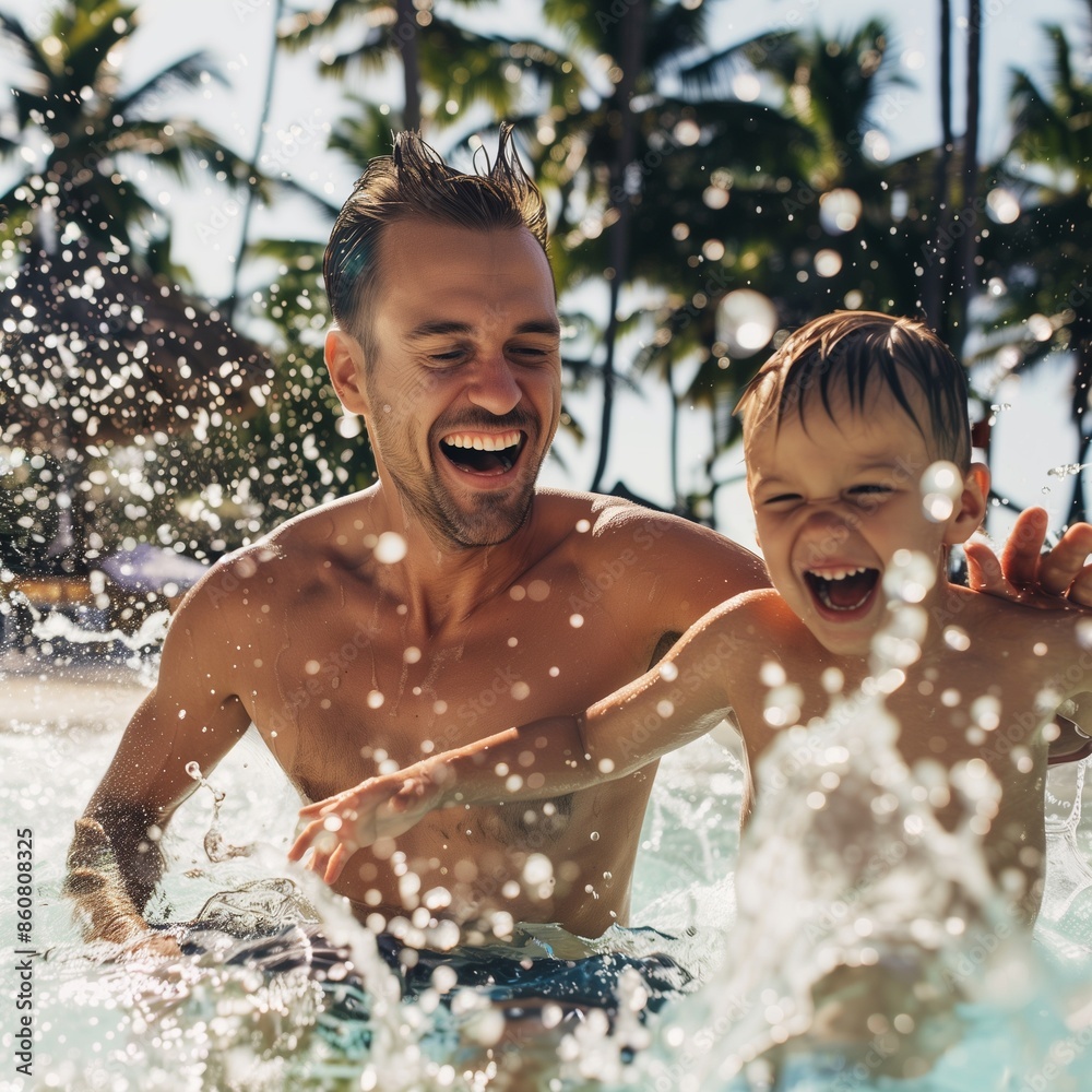 Obraz premium pleasure summertime family happy together dad with son playing splash water ocean beach pool with laugh fun cheerful enjoy family moment with love