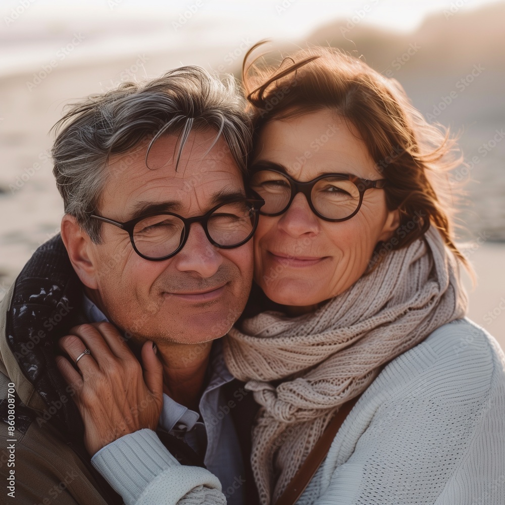 Middle age cuddling couple enjoying time on beach Middle age cuddling couple enjoying time on beach