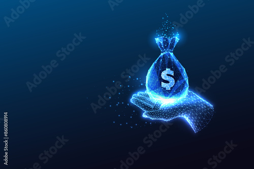 Wealth, finance, economic prosperity futuristic conceptual image with hand holds money bag on blue 