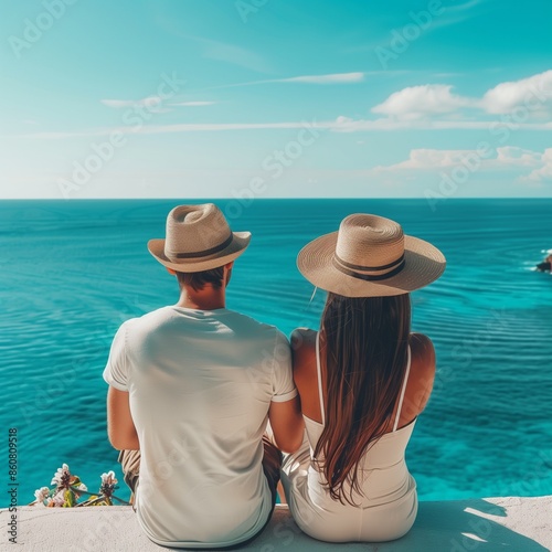 Couple with straw hats chilling enjoying beautiful views over the ocean, paradisiac beach, sunday morning © Ace64 Studio