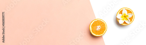 Fresh oranges in a vibrant concept. Cutted citrus fruit for healthy food.Yellow background