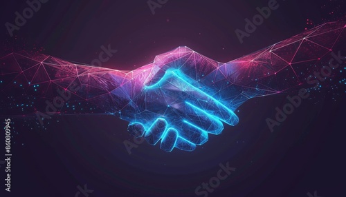 Polygonal handshake enhanced with tech-inspired elements, radiant glow. 🤝✨ Contemporary, futuristic partnership design. Digital illustration with modern, tech-infused vibe. photo