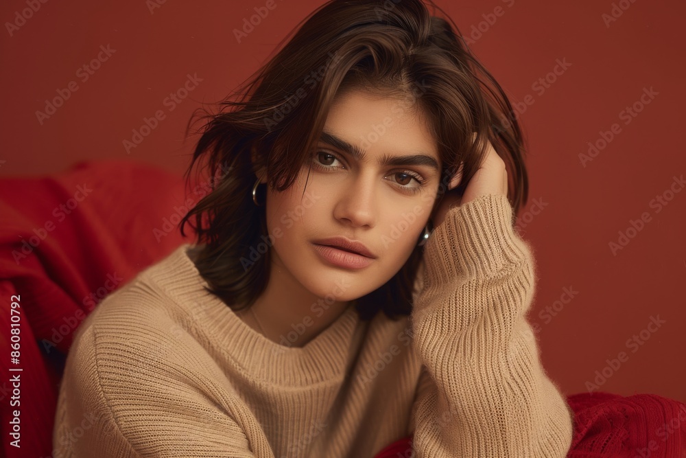 Beautiful Young Woman in Beige Knitwear Sweater | Cozy Fashion, Stylish Portrait, Beautiful Beautiful Young Woman in Beige Knitwear Sweater | Cozy Fashion, Stylish Portrait, Beautiful
