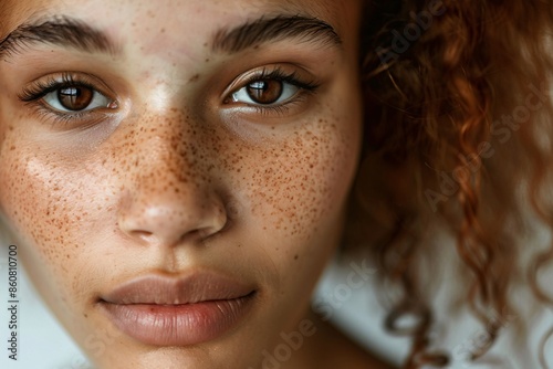 Portrait of a young woman with red hair, freckles, and brown eyes posing with a calm expression