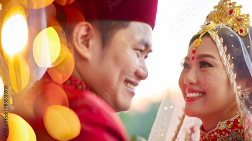 Happy bride and groom on their wedding Malay wedding Asian Wedding Selective focus Toned image : Generative AI photo