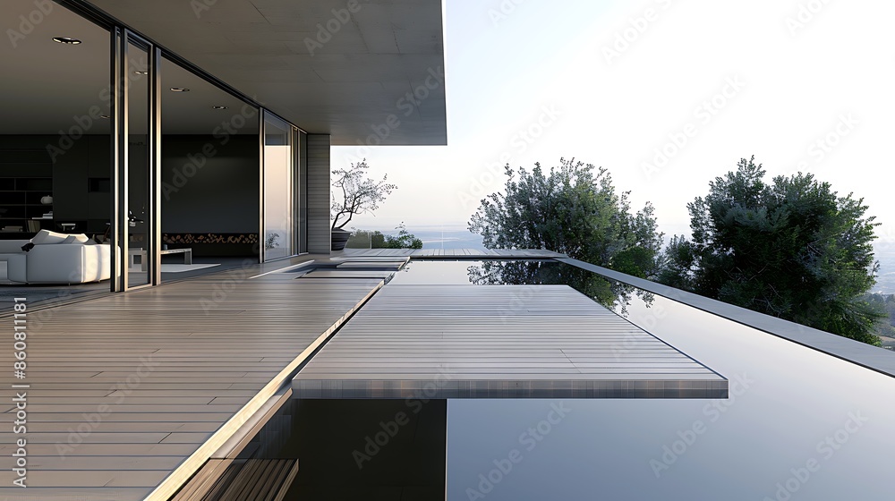 Fototapeta premium minimalist deck with hidden floor panels that lift to reveal a reflective pool