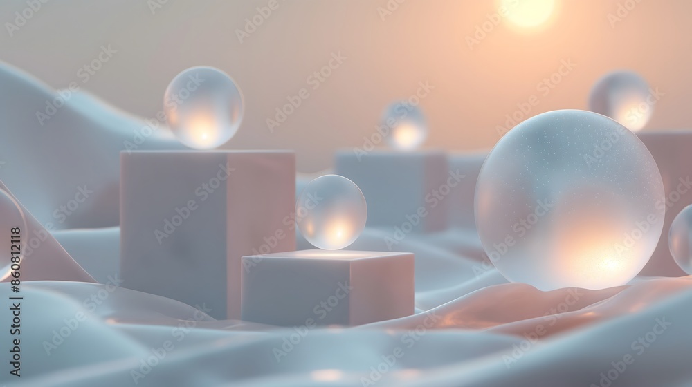 2. Design a minimalist abstract landscape with floating, translucent cubes and spheres illuminated by a soft, ambient glow, set in a serene, monochromatic environment.