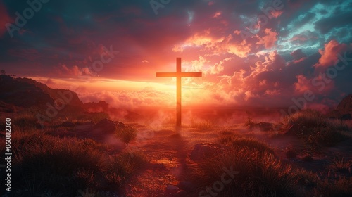 Christ's cross with Easter, resurrection concept. Christian cross on a background with dramatic lighting, colorful mountain sunsets, clouds and sunshine.