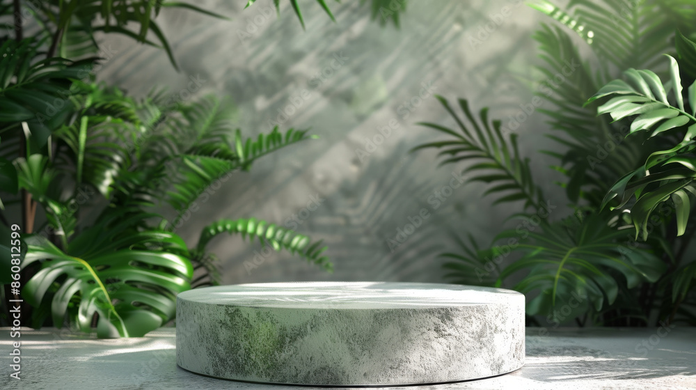 A white cube pedestal set in a tropical forest for product presentations, with a backdrop of a white plaster wall. A white cube pedestal set in a tropical forest for product presentations, with a backdrop of a white plaster wall.