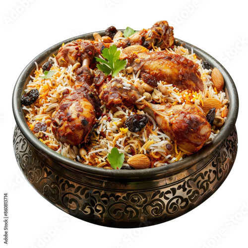 Delicious fragrant chicken biryani served in a traditional decorative bowl, garnished with herbs, nuts, and raisins.