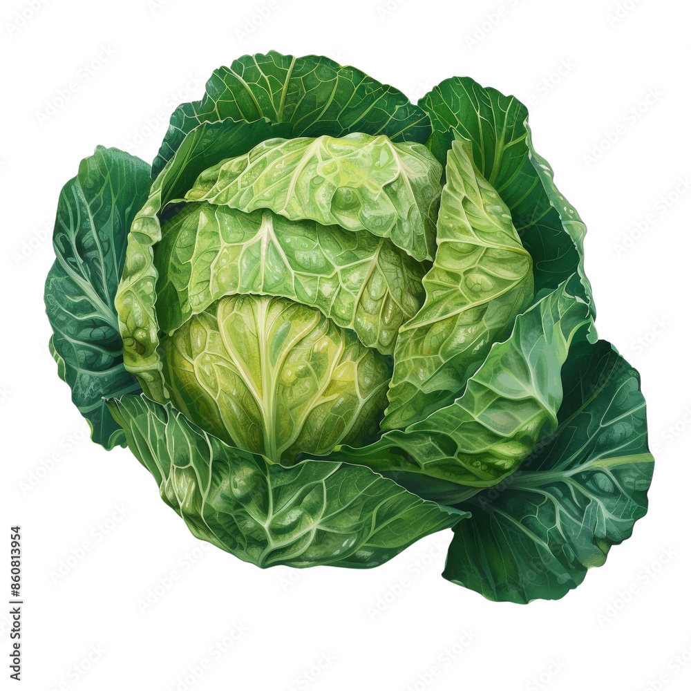 Obraz premium Fresh green cabbage vegetable isolated on white background, perfect for salads, soups, and healthy meals.